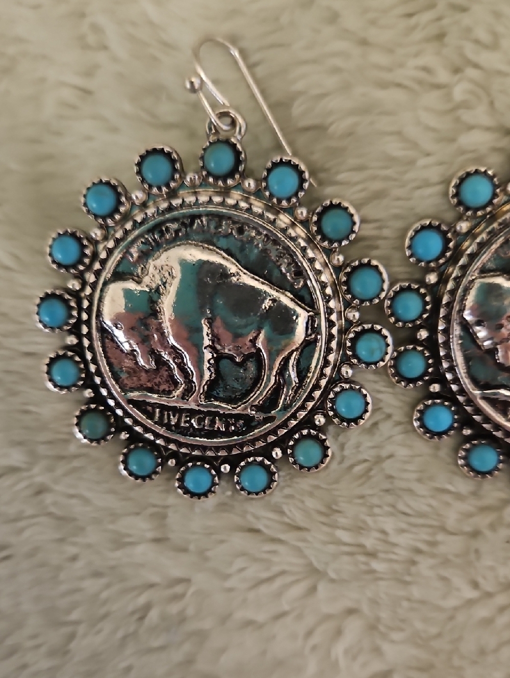 Turquoise SILVER Buffalo Coin Drop Earrings - Unbranded.  LIGHTWEIGHT